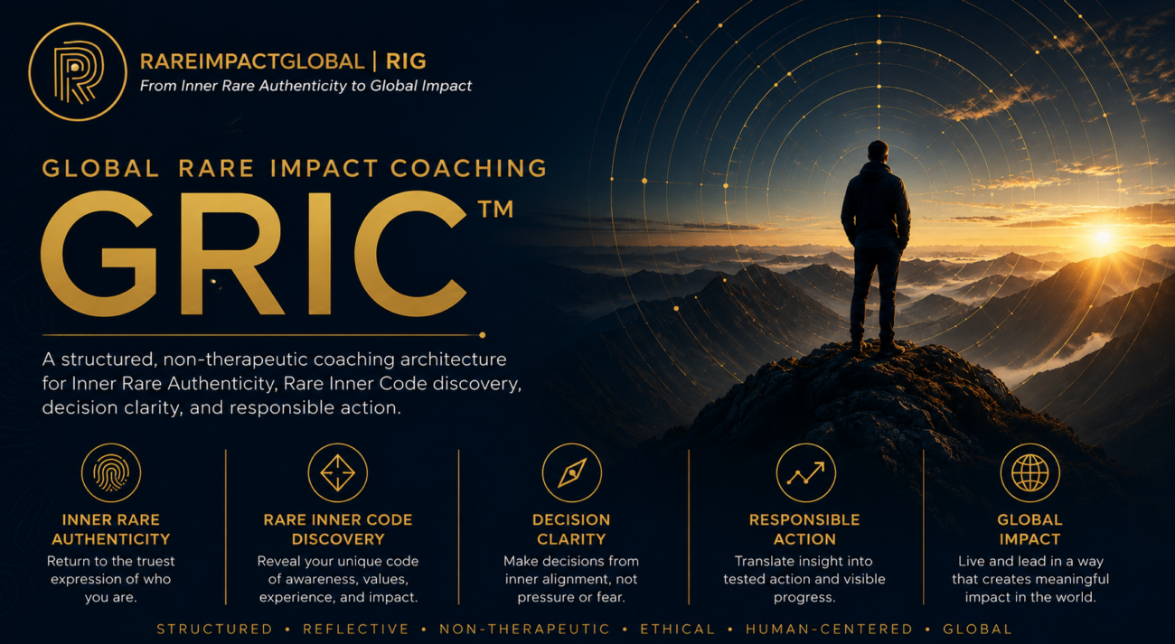 Global Rare Impact Coaching GRIC banner by Nader Bagherzadeh, presenting a structured non-therapeutic coaching architecture for Inner Rare Authenticity, Rare Inner Code discovery, decision clarity, responsible action, and global impact.