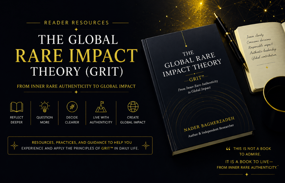 Reader resources visual for The Global Rare Impact Theory (GRIT) by Nader Bagherzadeh, introducing resources, practices, and guidance for applying Inner Rare Authenticity, clearer decisions, ethical leadership, and responsible global impact in daily life.